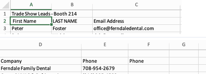 An Excel sheet with messy headers: a report title in row 1 above the header row, LAST NAME in capitals, and two columns both named Phone.