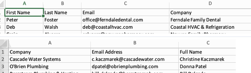 The header rows of the two files, one above the other: the first has First Name, Last Name, Email, and Company; the second has Company, Email Address, and Full Name in a different order.