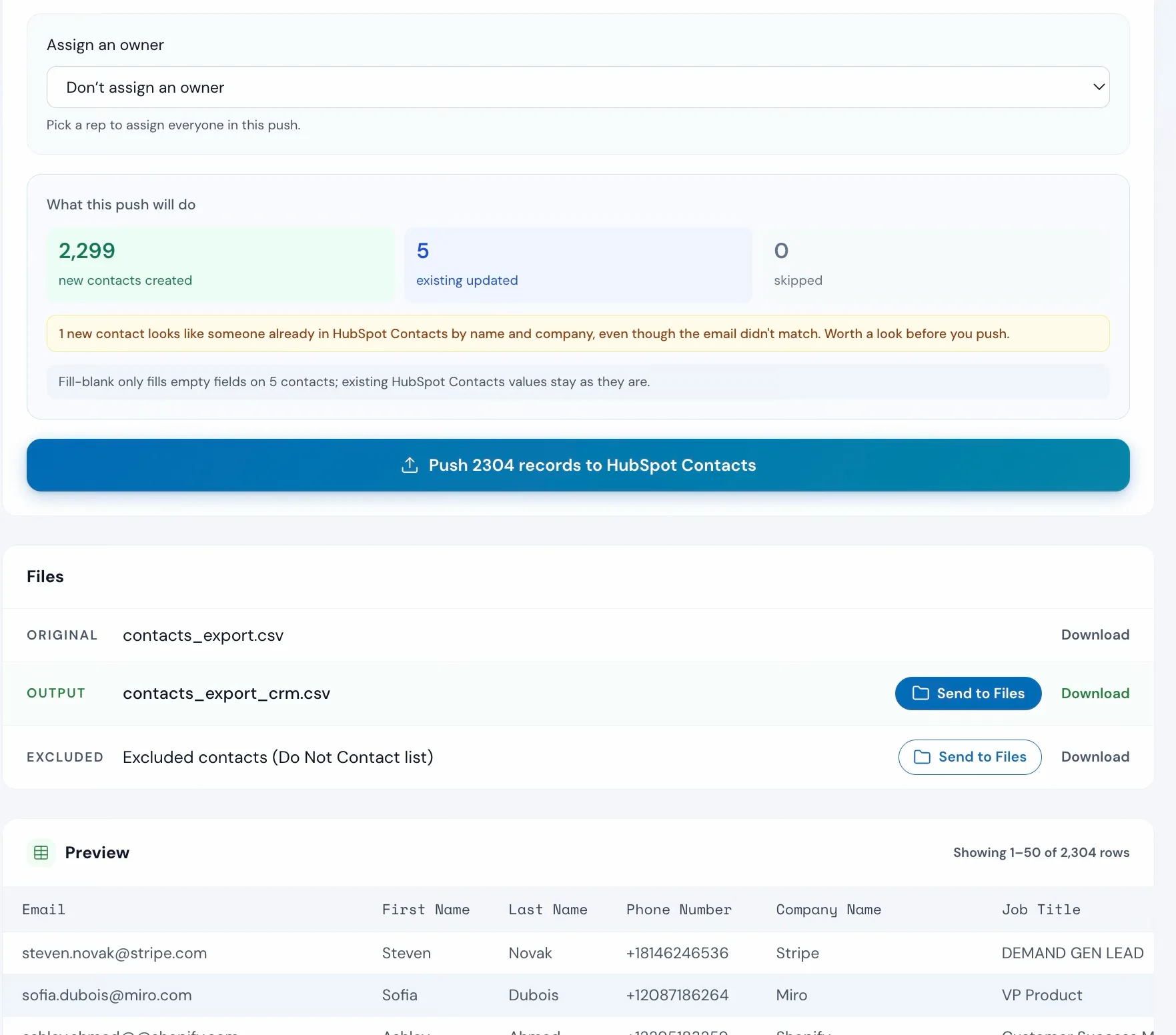 The Operelio CRM Formatter mapping spreadsheet columns to HubSpot fields with a push preview.