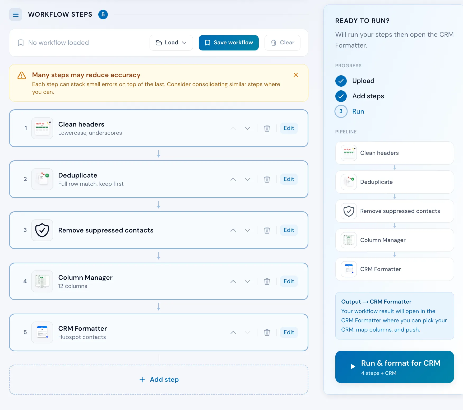 The Workflow Builder in Operelio with a five-step pipeline queued, ending in Run and format for CRM.